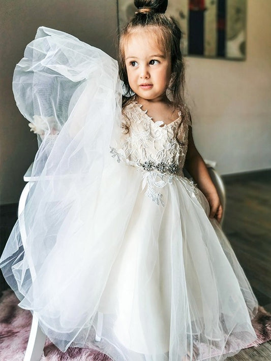 Sleeveless V-neck Lace Ankle-Length Tulle A-Line/Princess Flower Girl Dresses