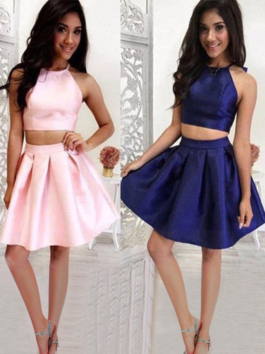 A-Line/Princess Marisa Ruffles Halter Satin Sleeveless Short/Mini Two Piece Homecoming Dresses Dresses