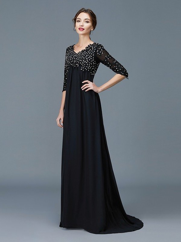 V-neck of Beading 1/2 Floor-Length Chiffon Sleeves A-Line/Princess Mother the Bride Dresses