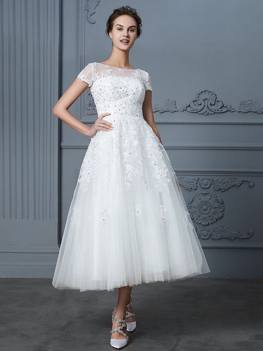 Sleeves Short Tea-Length Beading Scoop A-Line/Princess Tulle Wedding Dresses