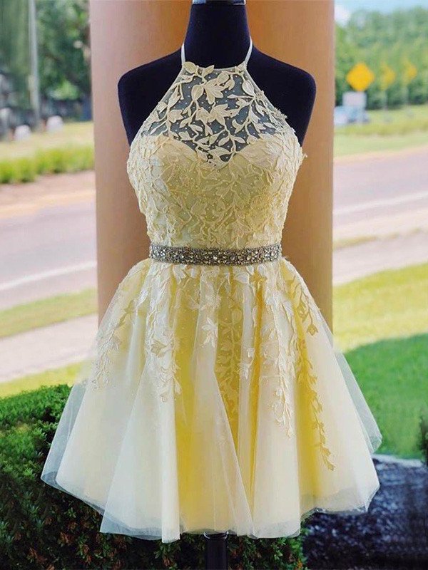 A-Line/Princess Tulle Applique Halter Sleeveless Short/Mini Homecoming Dresses