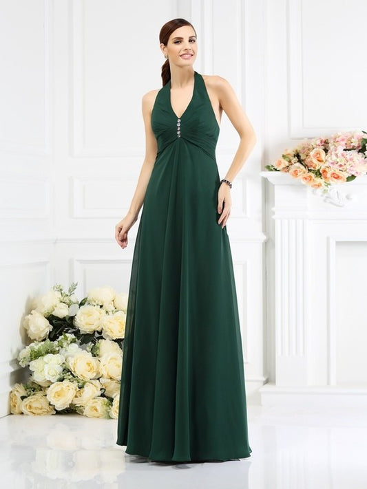 Halter A-Line/Princess Sleeveless Beading Long Chiffon Bridesmaid Dresses