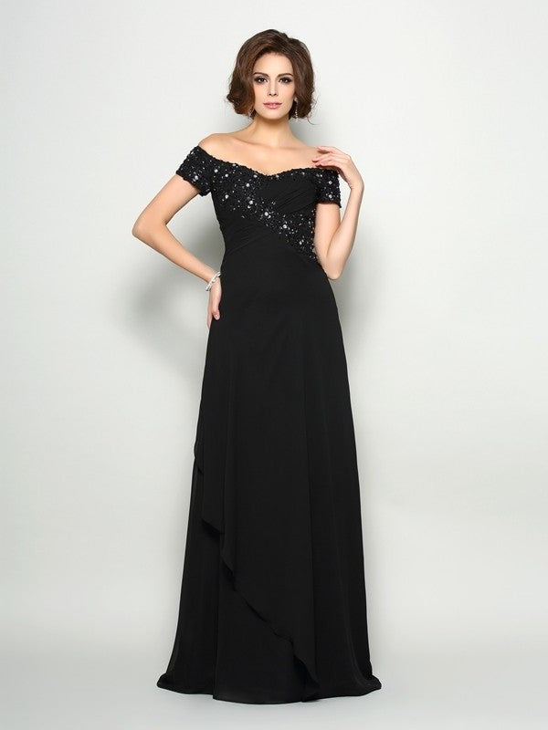 Long Beading Chiffon A-Line/Princess Off-the-Shoulder Short Sleeves Mother of the Bride Dresses