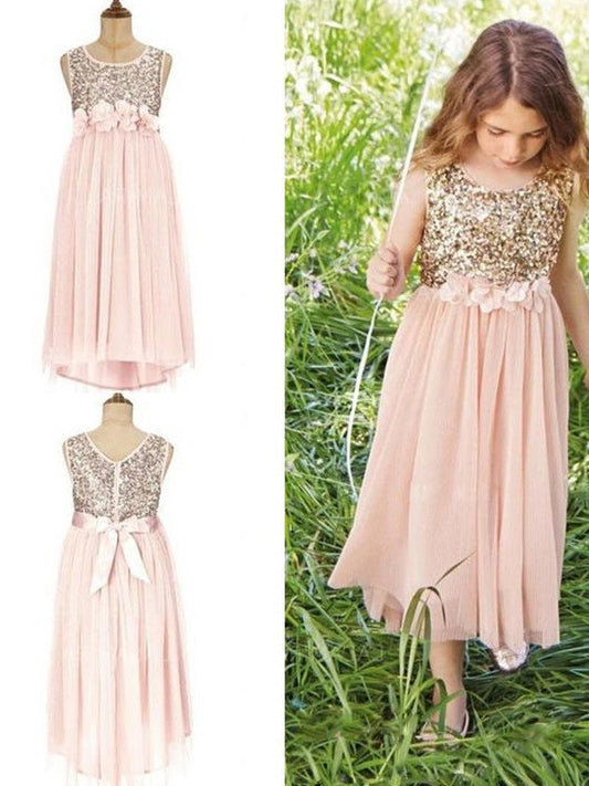 A-Line/Princess Chiffon Sequin Scoop Sleeveless Asymmetrical Flower Girl Dresses