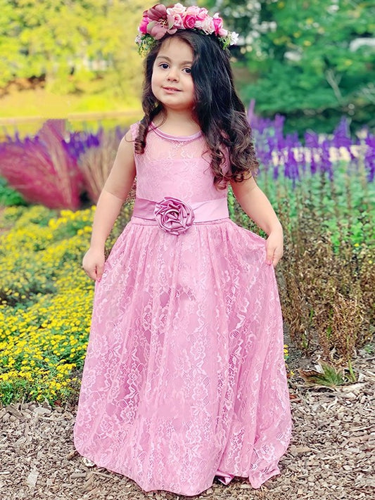 Sleeveless Ankle-Length Scoop A-Line/Princess Lace Sash/Ribbon/Belt Flower Girl Dresses