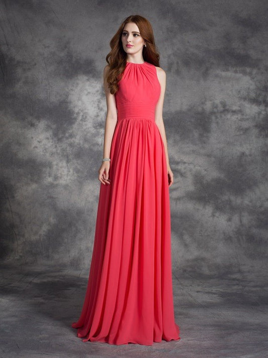 Long Ruffles A-line/Princess Sleeveless Jewel Chiffon Bridesmaid Dresses