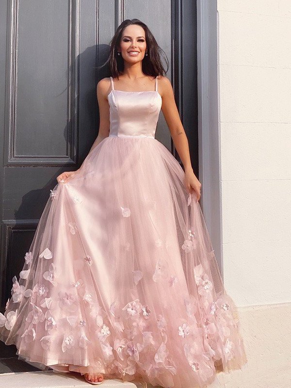 Flower A-Line/Princess Hand-Made Straps Tulle Floor-Length Sleeveless Dresses