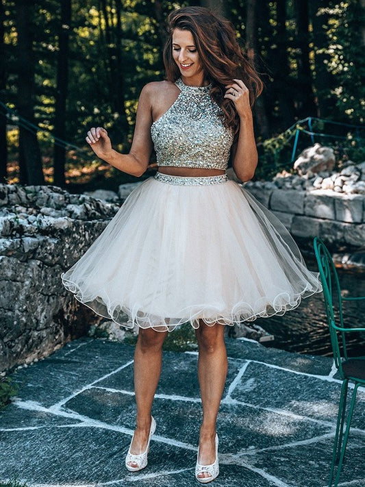 Sleeveless Tulle Two Short/Mini Beading A-Line/Princess Scoop Piece Homecoming Dresses