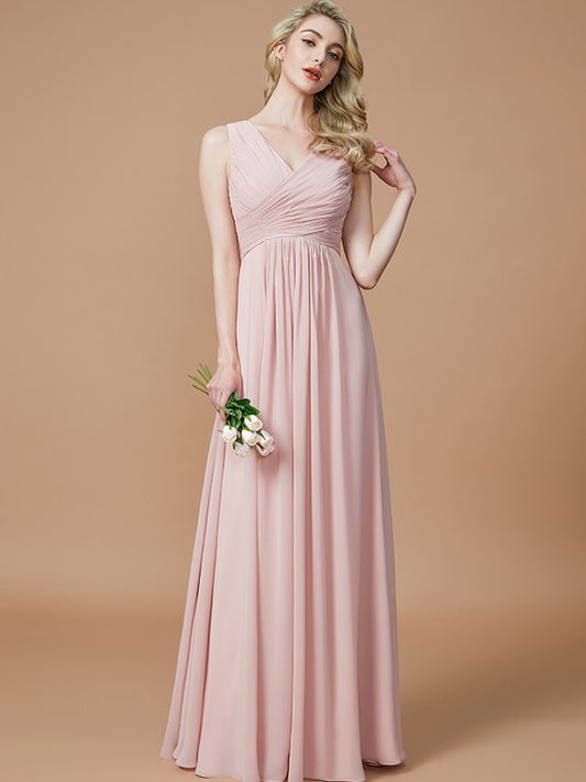 V-neck Ruched Floor-Length Sleeveless A-Line/Princess Chiffon Bridesmaid Dresses