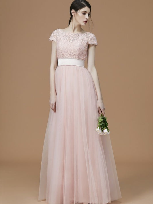 Sleeves Sash/Ribbon/Belt Short A-Line/Princess Bateau Floor-Length Tulle Bridesmaid Dresses