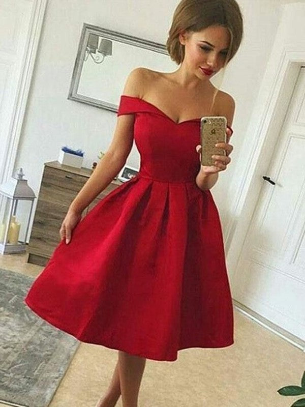 Off-the-Shoulder Sleeveless Satin A-Line/Princess Ruched Knee-length Dresses