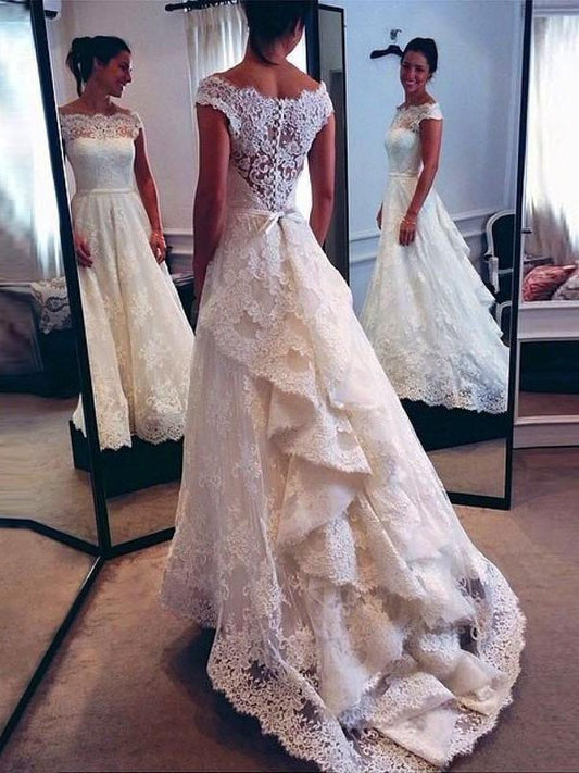 Scoop Sweep/Brush A-Line/Princess Train Lace Sleeveless Wedding Dresses