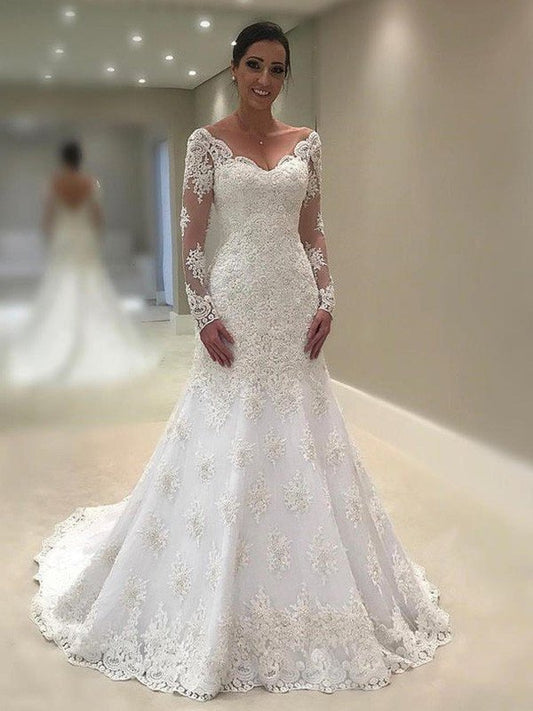 Trumpet/Mermaid V-neck Long Court Sleeves Train Applique Lace Wedding Dresses