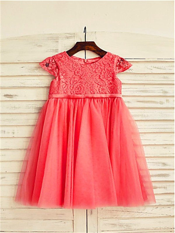 Tulle A-line/Princess Sleeves Tea-Length Scoop Lace Short Flower Girl Dresses