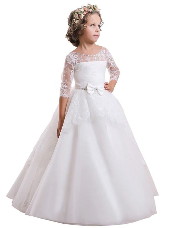 Lace Sleeves Long Sweep/Brush Train Ball Satin Jewel Gown Flower Girl Dresses