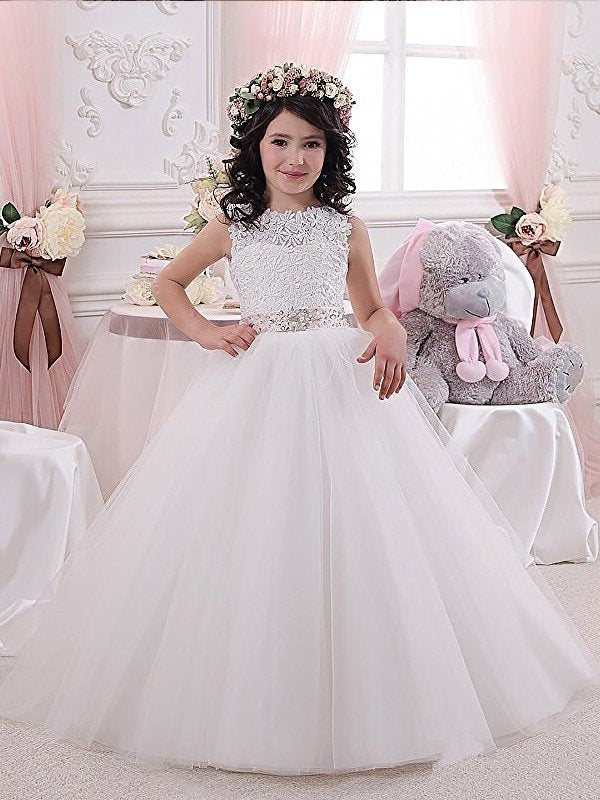 Sash/Ribbon/Belt Gown Tulle Sleeveless Floor-Length Scoop Ball Flower Girl Dresses