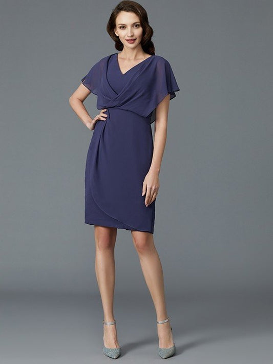 Chiffon V-neck Sleeves Short of Mother Knee-Length Sheath/Column the Bride Dresses