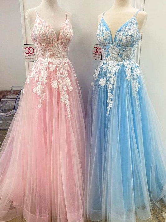 Floor-Length A-Line/Princess V-neck Applique Sleeveless Tulle Dresses