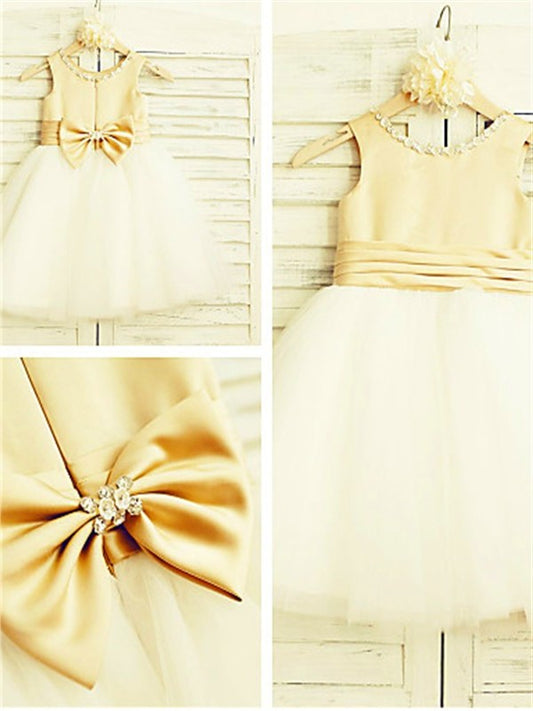 Sleeveless Scoop Tea-Length Tulle Bowknot A-line/Princess Flower Girl Dresses