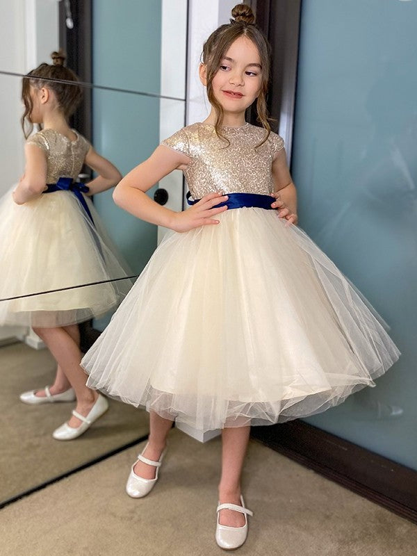 Short Sash/Ribbon/Belt Knee-Length Scoop A-Line/Princess Sleeves Tulle Flower Girl Dresses