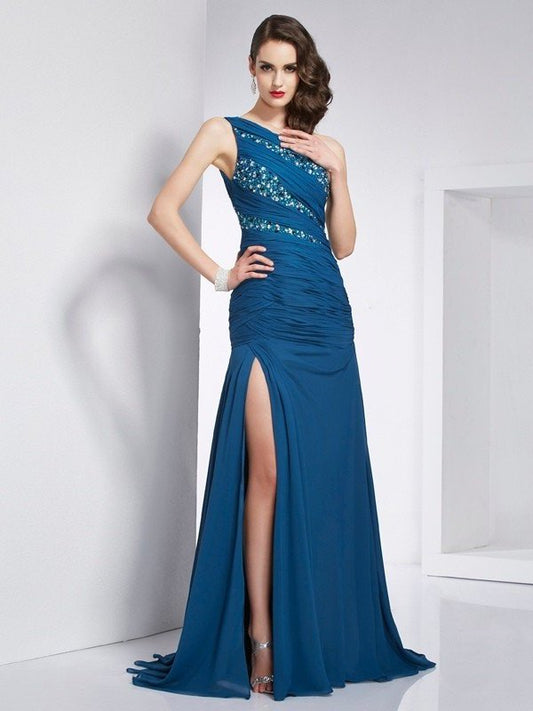 Sleeveless One-Shoulder A-Line/Princess Beading Long Chiffon Dresses