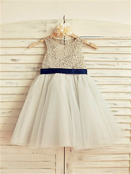 Tea-Length Tulle Sleeveless Scoop A-line/Princess Lace Flower Girl Dresses