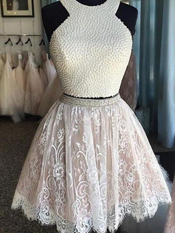 Michaela A-Line/Princess Sleeveless Halter Pearls Short/Mini Lace Homecoming Dresses Two Piece Dresses