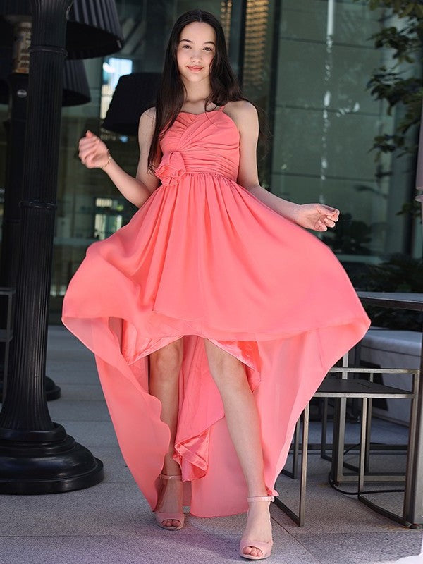 Spaghetti Ruffles Sleeveless Asymmetrical Straps Chiffon A-Line/Princess Junior/Girls Bridesmaid Dresses