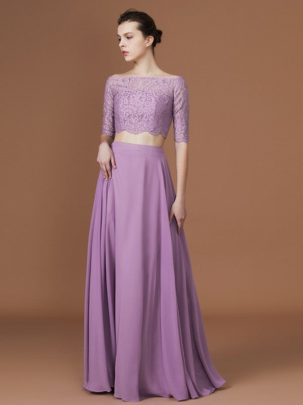 Sleeves Off-the-Shoulder Floor-Length 1/2 A-Line/Princess Lace Chiffon Bridesmaid Dress