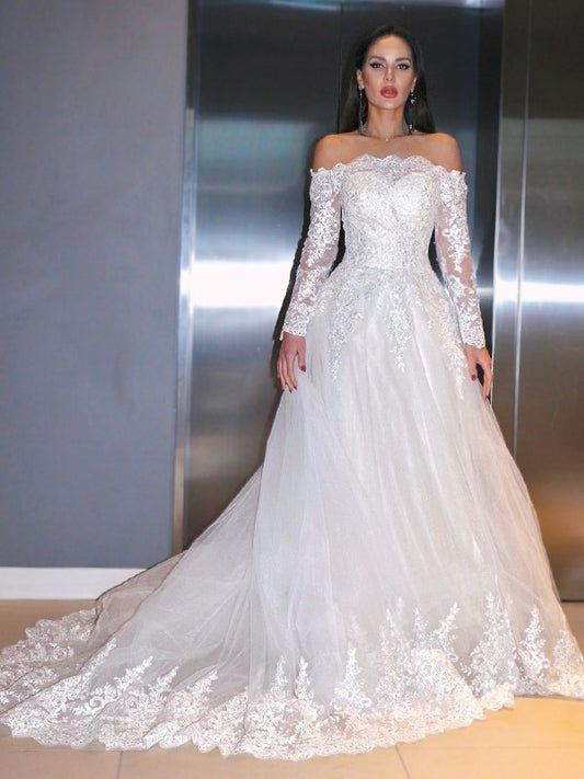 A-Line/Princess Sleeves Off-the-Shoulder Applique Long Sweep/Brush Lace Train Wedding Dresses