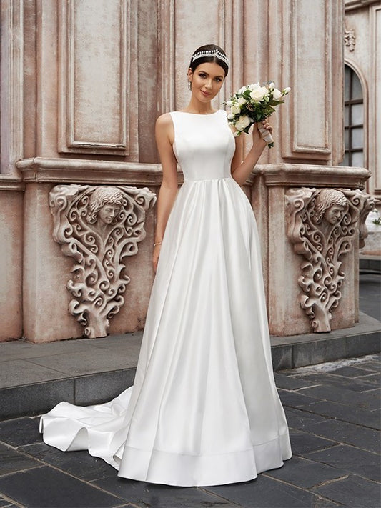 Sweep/Brush Ruffles Sleeveless A-Line/Princess Satin Scoop Train Wedding Dresses