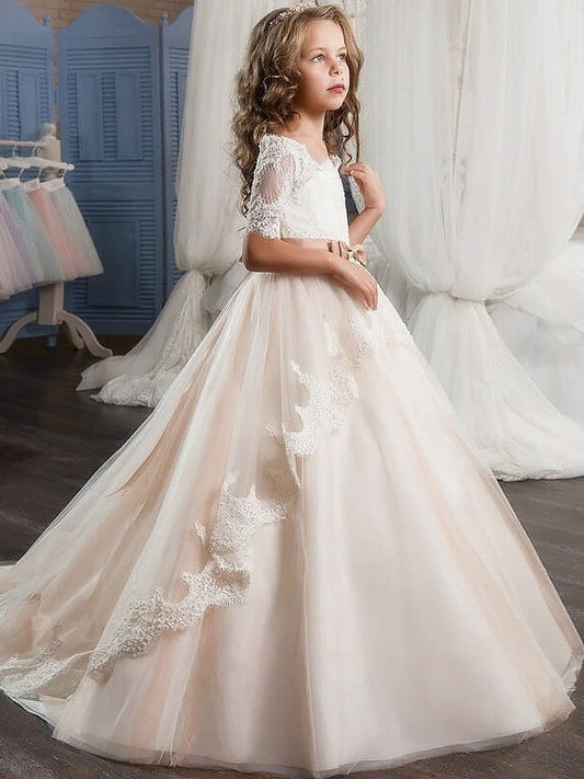 Sash/Ribbon/Belt Ball Off-the-Shoulder Gown Tulle Short Sleeves Flower Girl Dresses