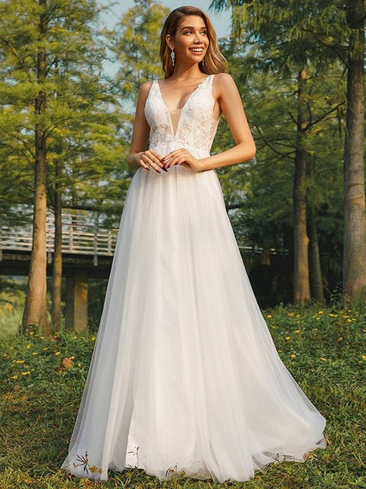 Sweep/Brush A-Line/Princess Tulle V-neck Applique Sleeveless Train Wedding Dresses