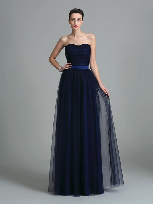 A-Line/Princess Sleeveless Long Sweetheart Ruffles Net Bridesmaid Dresses