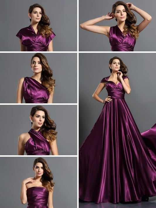 Pleats Silk A-Line/Princess like Long Sleeveless Satin Bridesmaid Dresses