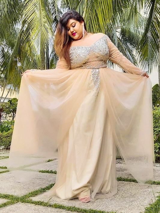 Long Sleeves Tulle Ball Floor-Length Sequin Off-the-Shoulder Gown Plus Size Dresses