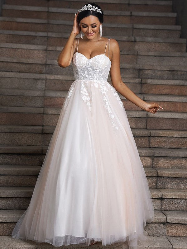 Sweep/Brush Tulle Sweetheart Applique A-Line/Princess Sleeveless Train Wedding Dresses