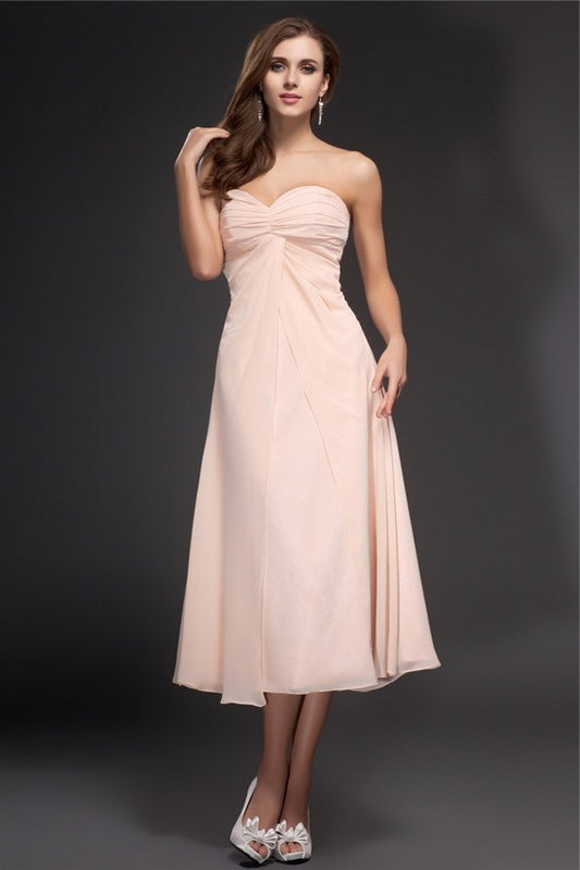 Sheath/Column Sweetheart Ruffles Sleeveless Tea Length Chiffon Bridesmaid Dresses