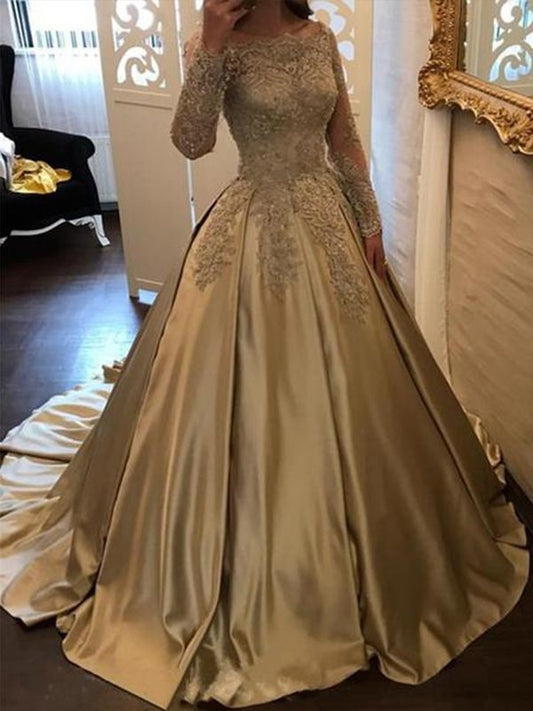 Train Long Off-the-Shoulder Ball Sweep/Brush Gown Sleeves Applique Satin Dresses