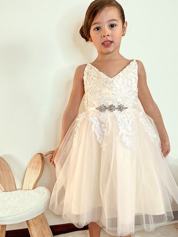 Tulle Knee-Length Sleeveless Lace V-neck A-Line/Princess Flower Girl Dresses