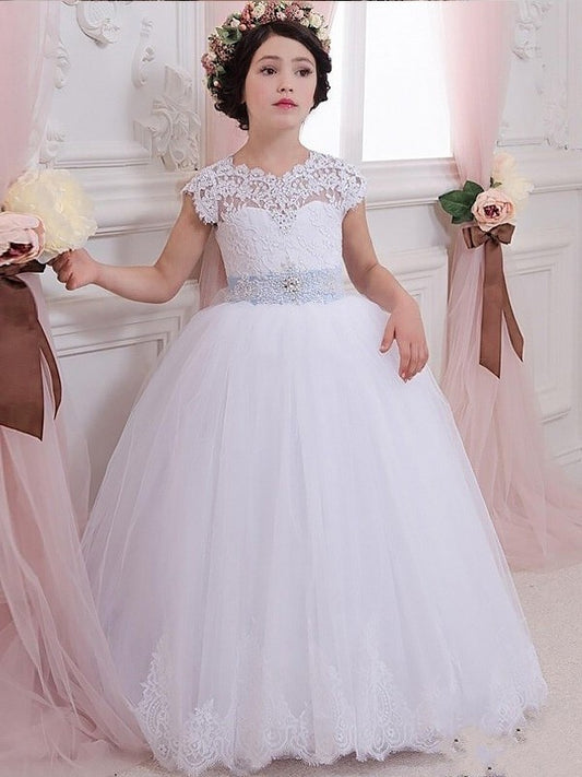 Tulle Floor-Length Sleeveless Ball Sash/Ribbon/Belt Gown Scoop Flower Girl Dresses