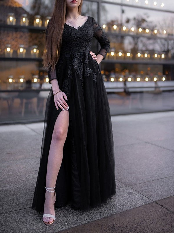 Applique Ball Sleeves Tulle Gown Long Off-the-Shoulder Floor-Length Dresses