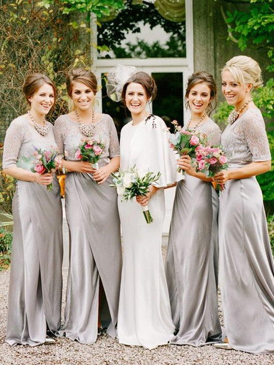 1/2 Floor-Length A-Line/Princess Scoop Sleeves Satin Bridesmaid Dresses