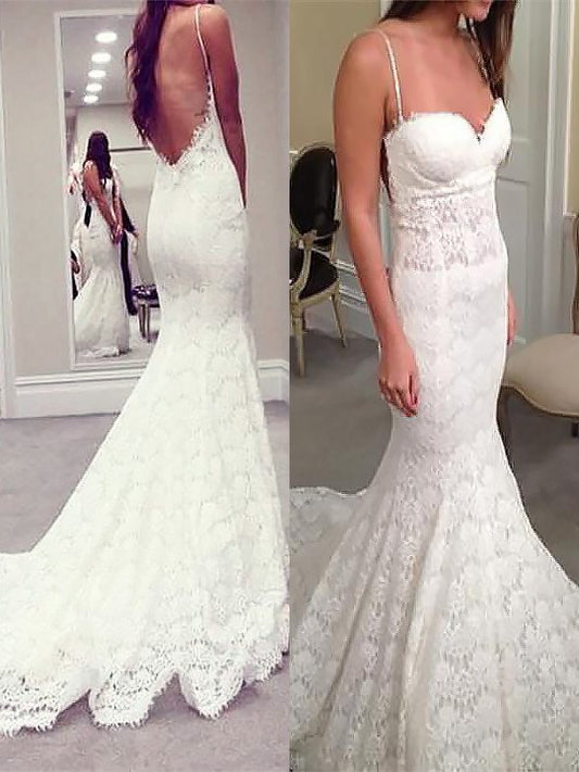 Trumpet/Mermaid Train Court Lace Spaghetti Straps Sleeveless Wedding Dresses