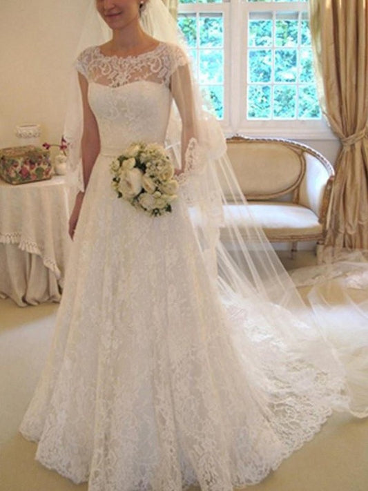 Train Sleeves Court Square A-Line/Princess Applique Sash/Ribbon/Belt Short Lace Wedding Dresses