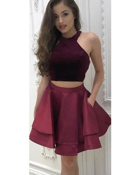 Homecoming Dresses A-Line/Princess Sleeveless Alexus Halter Satin Ruffles Two Piece Short/Mini Dresses