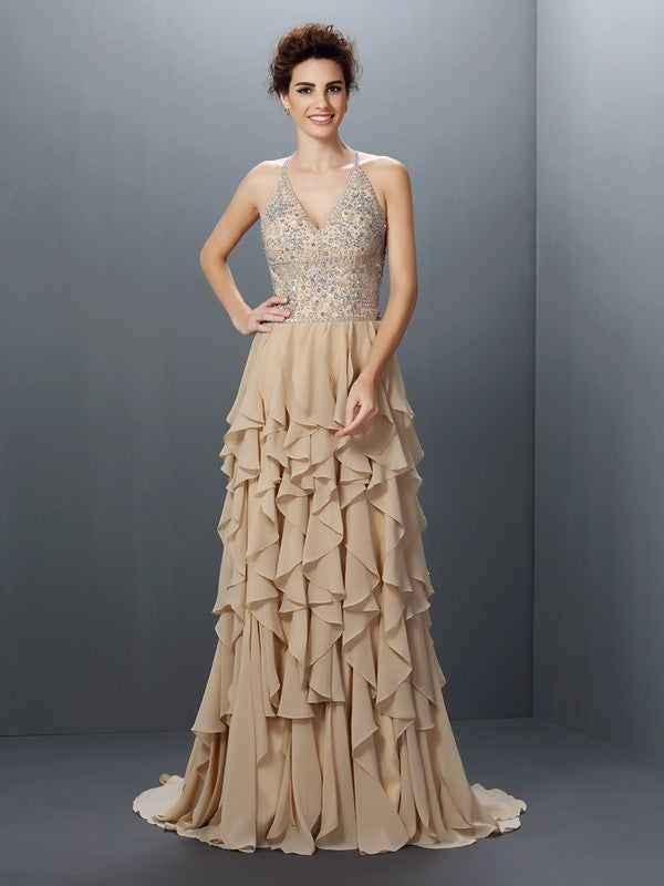 V-neck Sleeveless A-Line/Princess Beading Long Chiffon Dresses