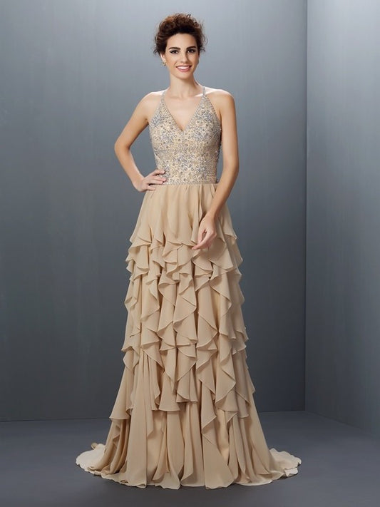 V-neck Sleeveless A-Line/Princess Beading Long Chiffon Dresses