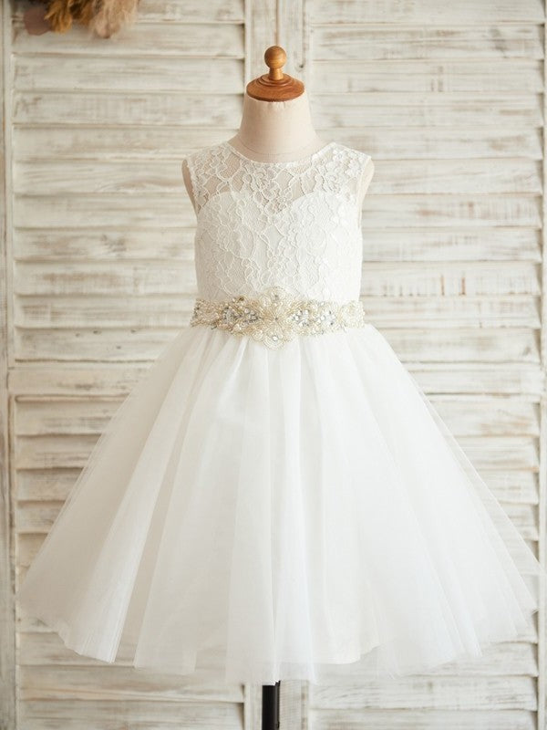 Scoop A-Line/Princess Sleeveless Lace Tulle Knee-Length Flower Girl Dresses