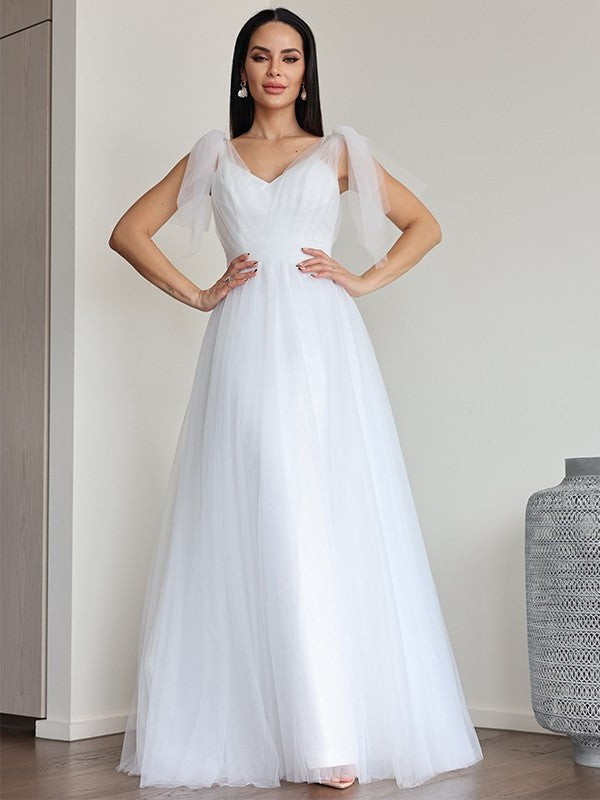 V-neck Sleeveless A-Line/Princess Ruffles Tulle Floor-Length Wedding Dresses